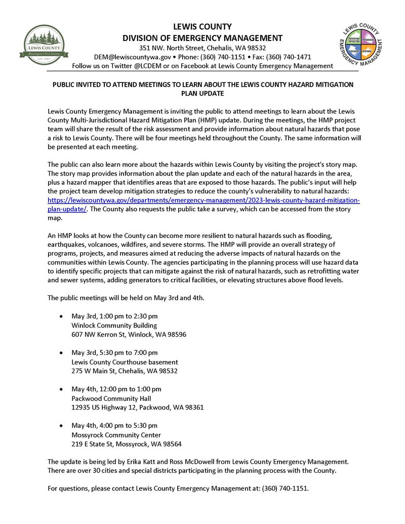 Public Meeting Announcement for Lewis County Hazard Mitigation Plan