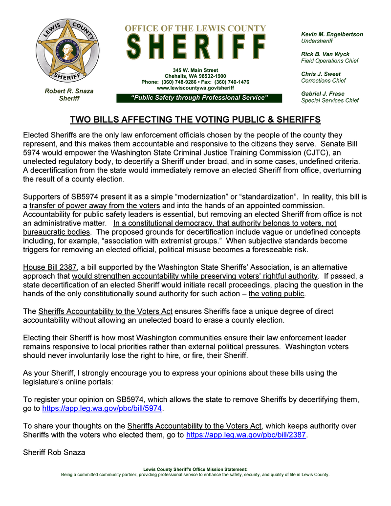 Bills Affecting Voting Public & Sheriffs